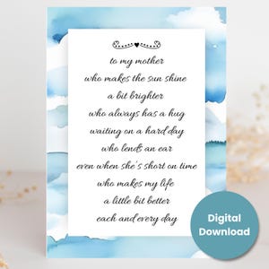 Moederdaggedicht - digitale download - fijne Moederdag - lief gedicht voor moeder - afdrukbare kaart - formaten A7 (5 x 7) A6 (6,25 x 4,5) A1 (4,875 x 3,5)