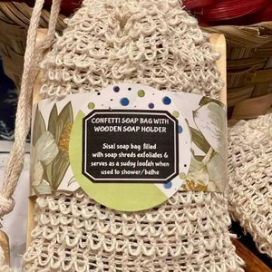 Confetti soap bag..a sisal  bag filled with soap shreds from myriad soaps, for a sudsy,  exfoliating bath. Includes  bamboo soap saver.