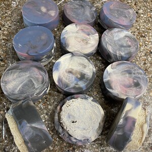 Exfoliating soaps made with essential oils of tea-tree, peppermint, lemon and eucalyptus with an embedded natural loofah.