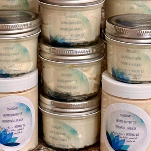 Whipped body butter fragranced with peppermint and lavender essential oils in a super nourishing base of Shea butter and coconut oil .