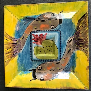 Chip and dip platter. Hand painted, glazed ceramic. Unique and colorful. 12x12inches. Koy fish design