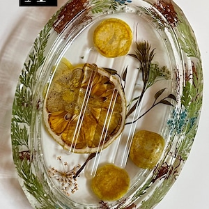 Soap dish- variety of clear/ colored resin soap dishes,  embellished with dried vegetables, botanicals and fruit. Faceted oval shape.