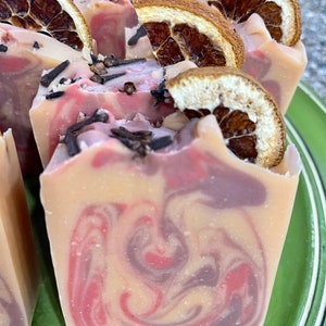 This is a lovely fall and winter soap, fragranced in orange, tangerine and clove essential oils