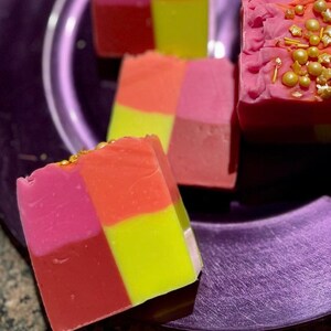 Soap: eye-catching color block soap fragranced in romantic geranium rose fragrance oil…