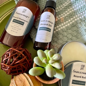 Beard pride... a trio of products-beard shampoo, beard oil and beard balm in Tobacco Bourbon fragrance to up your beard care game!