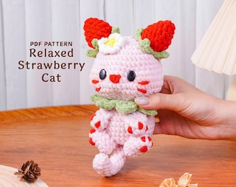 Modèle au crochet décontracté chat aux fraises, modèle au crochet Amigurumi, PDF chat aux fruits, adorable modèle de jouet pour chat, guide numérique au crochet