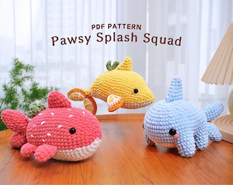 Lot de motifs au crochet Pawsy Splash Squad | Motif requin orange, motif requin fraise, motif requin pawsy, motifs au crochet Amigurumi