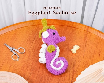 Patrón de crochet de caballito de mar berenjena, patrón de crochet amigurumi, patrón de crochet de animal marino, tutorial de caballito de mar relleno en PDF, patrón en PDF