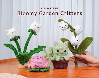 Lot de motifs au crochet, bestioles fleuries du jardin, motif grenouille lotus, motif chiot pissenlit, motif lapin campanule, motif pot de chat catus