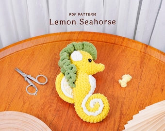 Patrón de crochet de caballito de mar limón, patrón de crochet amigurumi, patrón de crochet de animal marino, tutorial de caballito de mar relleno en PDF, patrón digital en PDF