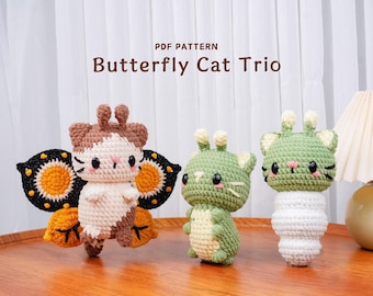 Trio de motifs au crochet papillons et chats, motif papillon chat, motif chat cocon, motif chenille chat, motifs amigurumi au crochet