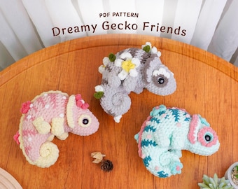 Lot de motifs au crochet Dreamy Gecko Friends, motif gecko vanille, motif gecko pervenche, motif gecko orchidée, motif PDF numérique
