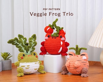Combo 3 en 1 motif grenouille végétarienne au crochet, motif grenouille tomate, motif grenouille radis, motif grenouille carotte, tutoriel crochet grenouille, modèle PDF