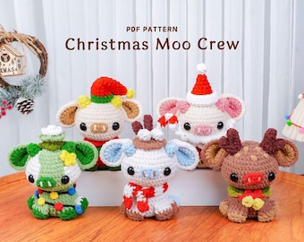 Lot de motifs au crochet de Noël Moo Crew, motif vache sapin de Noël, motif vache père Noël, motif vache renne, motif vache chocolat chaud
