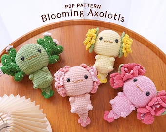 Lot de motifs au crochet d'axolotls en fleurs | Motif axolotl de cactus, motif axolotl de camélia, motif axolotl de fleurs de cerisier