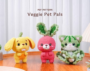 Lot de motifs végétariens au crochet, motif lapin radis, motif chat chou, motif chien poivron, cadeau fait main