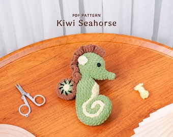 Patrón de crochet de caballito de mar kiwi, patrón de crochet para amigurumi, patrón de crochet de animal marino, tutorial de caballito de mar relleno en PDF, patrón digital en PDF