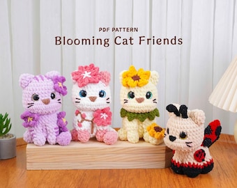 Combo 4 en 1, motif au crochet amis chats en fleurs, motif chat en fleurs de cerisier, motif chat violet, motif chat tournesol, motif chat coccinelle