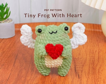 Petite grenouille avec coeur au crochet, motif au crochet Saint-Valentin grenouille, décoration thème coeur, style déco saisonnière Saint-Valentin, modèle PDF
