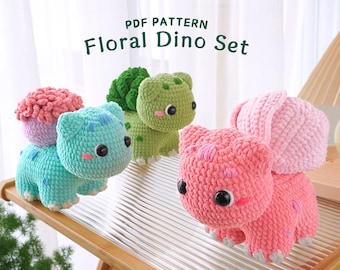 Lot de motifs floraux dinosaures au crochet | Modèle de coralsaure, modèle d'artisan fleur, modèle de fleur de cerisier, modèle au crochet d'amigurumi