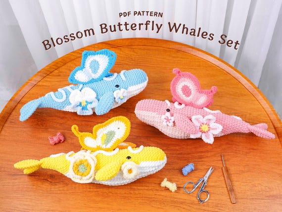 Blossom Butterfly Whales Crochet Patterns Bundle, Pansy Butterfly Pattern, Hibiscus Butterfly Pattern, Cherry Blossom Butterfly Pattern