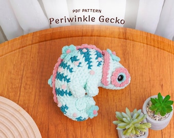 Motif au crochet gecko pervenche, motif gecko amigurumi, motif reptile au crochet, tutoriel peluche, motif PDF numérique