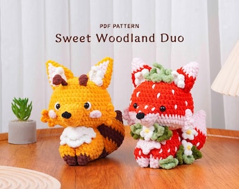 Lot de jolis motifs au crochet des bois, motif airelles, motif queue de miel, style animal amigurumi, tutoriel peluche fait main, tutoriel PDF