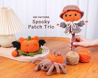 Spooky Patch Trio Crochet Patterns | Spider Pumpkin Pattern, Pumpkin Cat Pattern, Halloween Scarecrow Pattern, Halloween Patterns