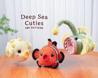 Lot de motifs au crochet Deep Sea Cuties | Modèle de baudroie, modèle de poisson-clown, modèle de poisson-globe, modèles d'animaux sous-marins au crochet