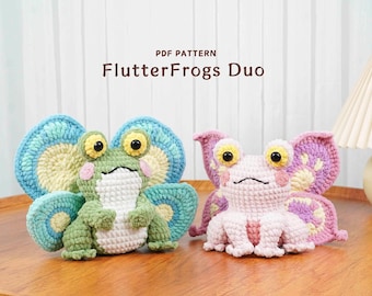Duo de motifs au crochet Flutter Frogs | Motif grenouille papillon vert, motif grenouille papillon rose, motifs amigurumi au crochet, patron PDF