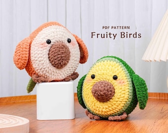 Lot de motifs au crochet Oiseaux fruités, Motif oiseau avocat, Motif oiseau pêche, Motif au crochet Amigurumi, Tutoriel bricolage peluche Amigurumi
