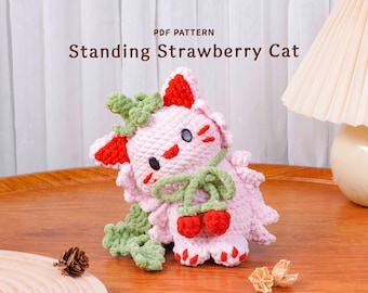 Modèle au crochet chat aux fraises debout, modèle au crochet Amigurumi, PDF chat aux fruits, adorable modèle de jouet pour chat, guide numérique au crochet