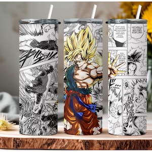 May include: Three stainless steel tumblers with different designs. The first tumbler features a black and white manga style illustration. The second tumbler features a colorful manga style illustration of a character with spiky yellow hair. The third tumbler features a black and white manga style illustration with text that reads "That said, common sense is something you acquire, and it's not something you're born with. You don't get to decide when you're ready to reach your limit."