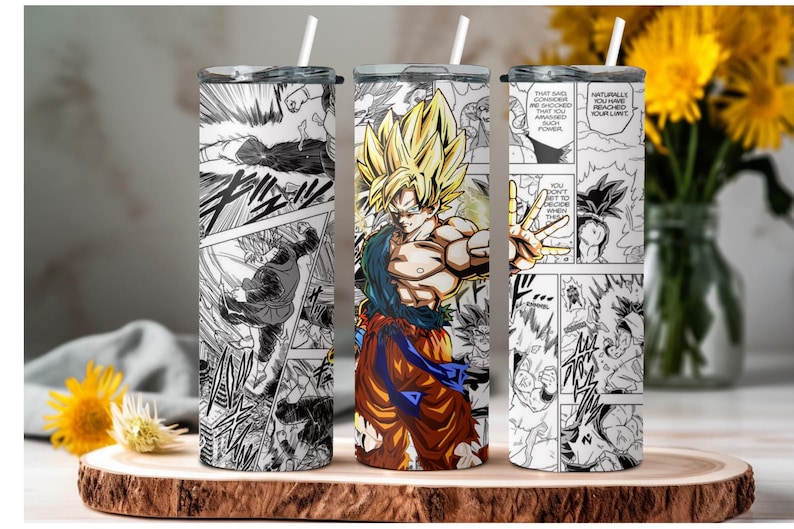 May include: Three stainless steel tumblers with different designs. The first tumbler features a black and white manga style illustration. The second tumbler features a colorful manga style illustration of a character with spiky yellow hair. The third tumbler features a black and white manga style illustration with text that reads "That said, common sense is something you acquire, and it's not something you're born with. You don't get to decide when you're ready to reach your limit."