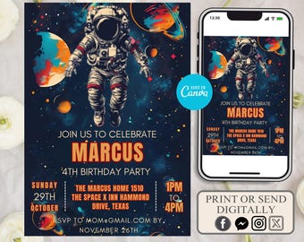 Outer Space Birthday Invitation Template, Planets Rocket Ship Astronaut Invite, Galaxy Blast Off Invitation, Rocket Ship Invitations