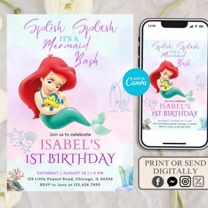 Faire-part d'anniversaire petite sirène, invitation d'anniversaire d'Ariel, faire-part d'anniversaire de sirène modifiable, faire-part d'anniversaire pour les filles sirène Ariel