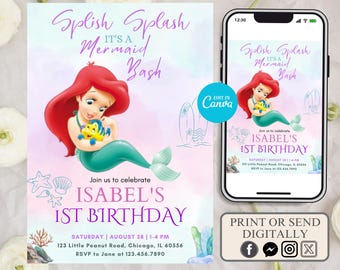 Little Mermaid Birthday Invitation, Ariel Birthday Invite, Editable Mermaid Birthday Invitation, Birthday Invitation for girls Mermaid Ariel