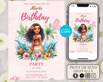 Baby Moana Birthday Invitation, Editable Digital Hawaiian Moana Birthday Invite, Kids Theme Party Invitation, Digital Baby Moana Template