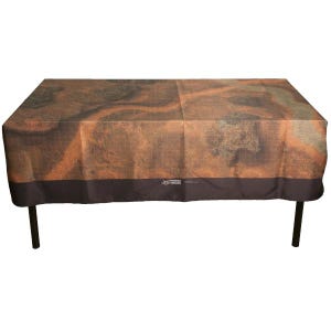 May include: A brown and black rectangular tablecloth with a map-like design. The tablecloth has a black border and is made of a soft, durable material.
