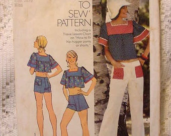 Vintage 1974 Simplicity 6280 Crop Smock Top and Hipp Hugger Bell Bottom Pants or Shorts Size 10