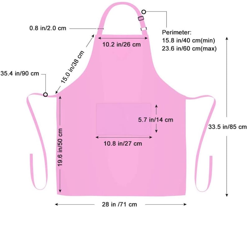 Może przedstawiać: Jasnor&oacute;żowy fartuch z kieszenią, regulowanym paskiem na szyję i wiązaniami w talii. Fartuch ma 71 cm szerokości i 85 cm długości. Kieszeń ma 27 cm szerokości i 14 cm wysokości.