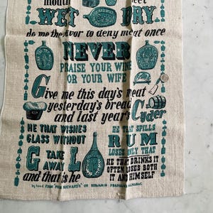 Vintage Tea Towel Kitchen Fabric Poor Richard&#39;s Almanac Drinking Alcohol Quotes Whiskey Comical Ben Franklin