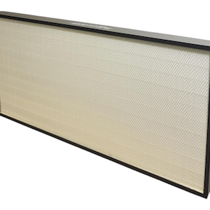 May include: A rectangular air filter with a black frame and a white mesh filter inside.