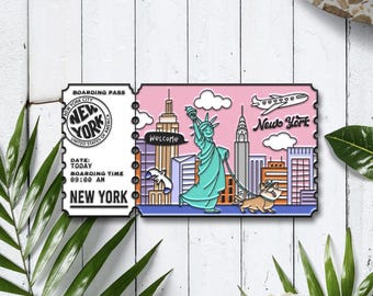 May include: A colorful New York City boarding pass design. The illustration features the Statue of Liberty, city skyline, and a corgi dog. The text includes "New York", "Welcome", and "Boarding Pass".