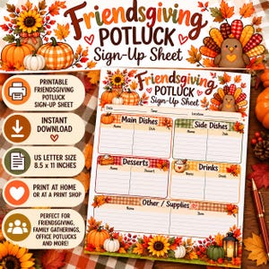 Pode incluir: Uma folha de inscrição imprimível para um potluck de Friendsgiving com ilustrações de outono de girassóis, abóboras e um peru. O documento inclui seções para data, hora, local e colunas para pratos principais, acompanhamentos, sobremesas e bebidas.