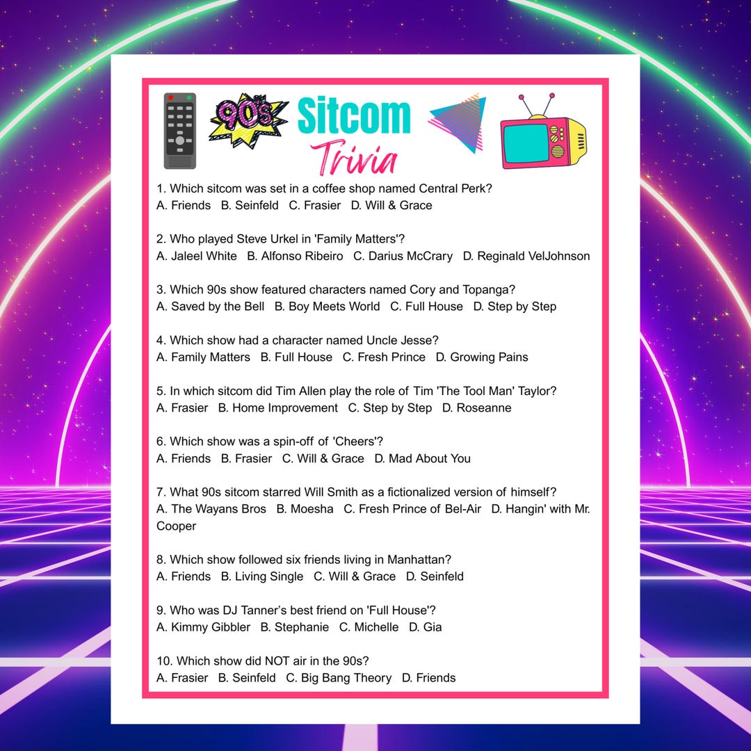90s Sitcom Trivia Game | Printable 90s Party Game | Instant Download - Etsy