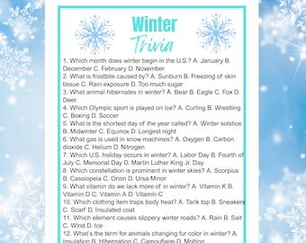 May include: A blue and white Winter Trivia game card with snowflake decorations. The card presents a series of winter-related trivia questions and multiple-choice answers. The text is in a clear, easy-to-read font.
