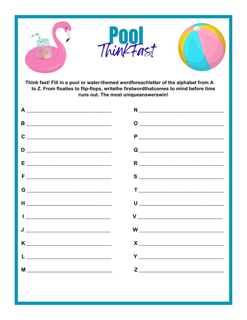 Pool Think Fast Game - Fun Printable Quiz for Family Bbqs, Pool Parties ...