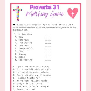 Może przedstawiać: Różowo-biały arkusz do druku z grą zatytułowany "Proverbs 31 Matching Game". Arkusz zawiera kolorowy krzyż i grafikę serca. Gra zawiera cechy charakteru do dopasowania do fragmentów wersetów biblijnych.