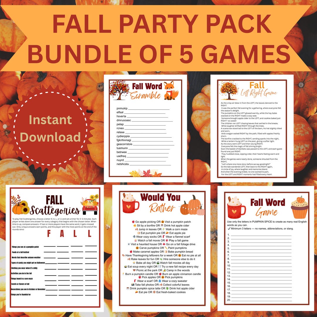 Fall Party Games Bundle – 5 Printable Autumn Games Pack | Thanksgiving ...
